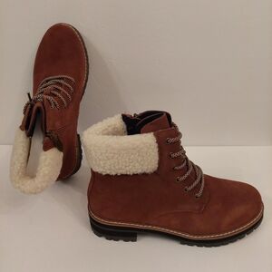 Aqua Diva Sola Faux Shearling Cuff Brn Wht Laceup Leather Boots Womens 41/9.5